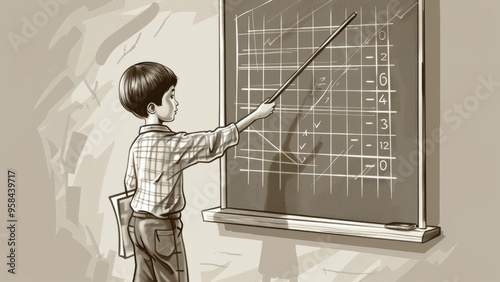 Child pointing at a graph on a blackboard, illustrating a classroom learning experience