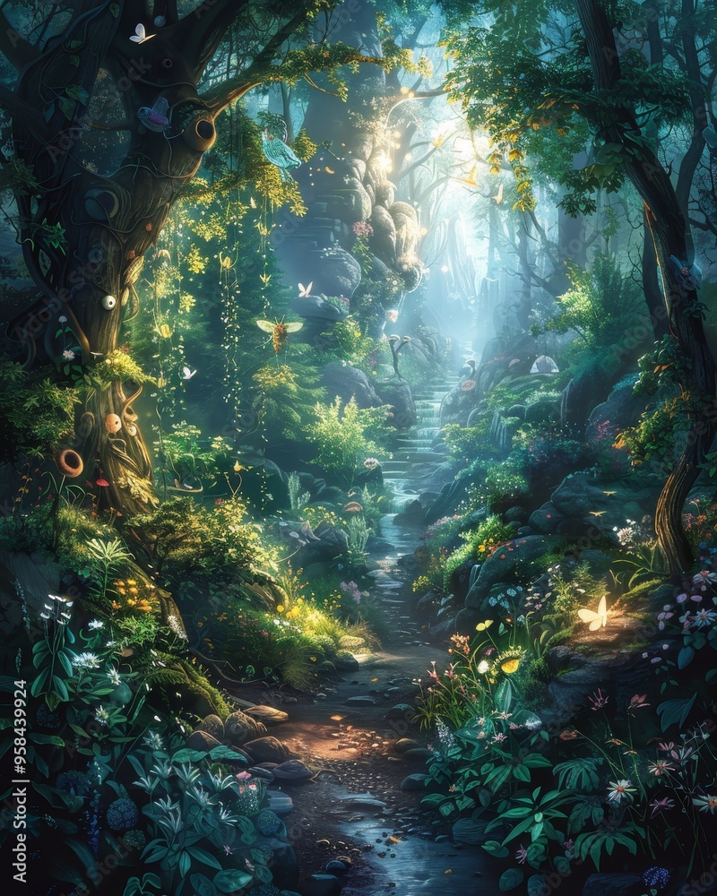 A magical forest path illuminated by sunlight streaming through the dense canopy. A magical forest path illuminated by sunlight streaming through the dense canopy.