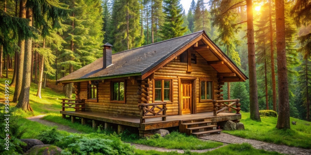 A cozy wooden summer cabin nestled in the lush green woods , cabin, summer, wooden, cozy, retreat, nature, forest A cozy wooden summer cabin nestled in the lush green woods , cabin, summer, wooden, cozy, retreat, nature, forest