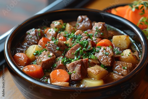 Navarin d'Agneau A hearty Navarin d'Agneau (lamb stew) with tender pieces of lamb, carrots, and potatoes in a rich broth