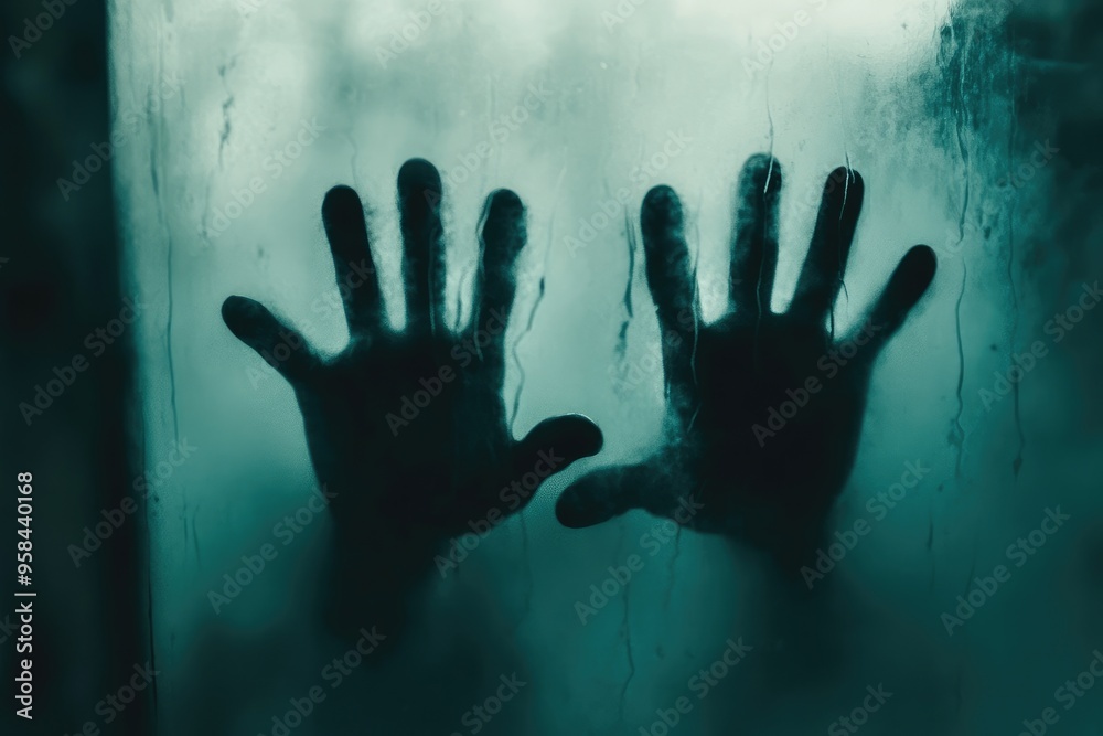 Sinister Hand Shadows on Frosted Glass: Dark Abstract Background for Horror Concept, Creepy Silhouettes Evoking Fear and Dread, Haunting Imagery for Thriller or Halloween Designs Sinister Hand Shadows on Frosted Glass: Dark Abstract Background for Horror Concept, Creepy Silhouettes Evoking Fear and Dread, Haunting Imagery for Thriller or Halloween Designs
