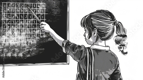 Child pointing at a graph on a blackboard, illustrating a classroom learning experience