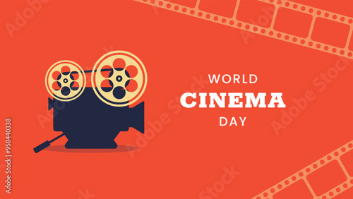 World Cinema Day horizontal banner. December 28. Retro colors. Minimal holiday concept. Template for background, social media post, web banner, card, poster with text inscription. Camera film