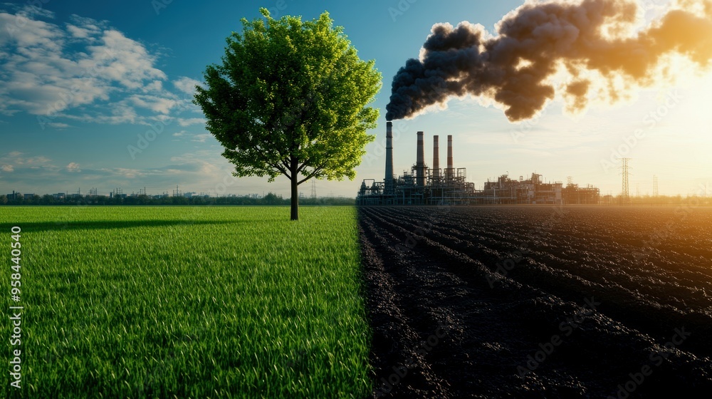 3D rendering of a vibrant green tree and meadow with clear air, contrasted against a factory emitting dark pollution, illustrating the impact on climate change 3D rendering of a vibrant green tree and meadow with clear air, contrasted against a factory emitting dark pollution, illustrating the impact on climate change