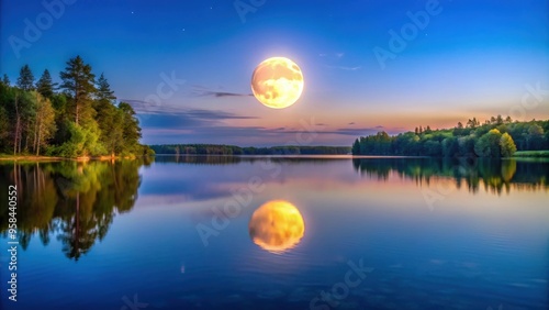 Full moon casting a reflective glow over a tranquil lake, nature, night sky, serene, reflection, water, moonlight, peaceful