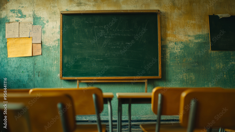 An empty classroom with a green chalkboard and wooden chairs, representing an educational setting An empty classroom with a green chalkboard and wooden chairs, representing an educational setting