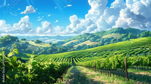 A picturesque landscape with rolling green hills, lush vineyards, and a bright blue sky dotted with fluffy white clouds.