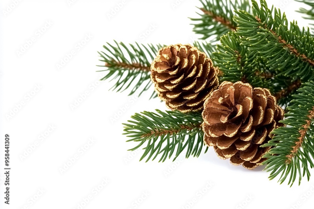 Christmas tree branch and golden cones isolated on white transparent, Xmas spruce, green fir pine twig Christmas tree branch and golden cones isolated on white transparent, Xmas spruce, green fir pine twig