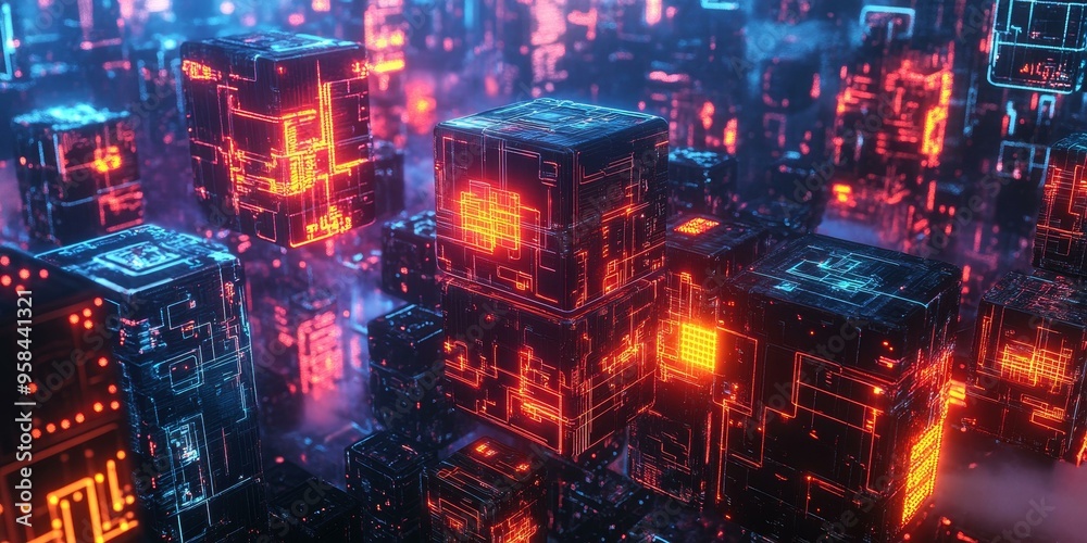 Cyberpunk cityscape with glowing red and blue lights. Cyberpunk cityscape with glowing red and blue lights.