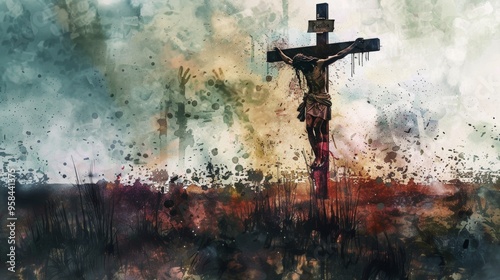 Photograph of Jesus dying on the cross, Crucifixion and death of Jesus, digital watercolor painting
