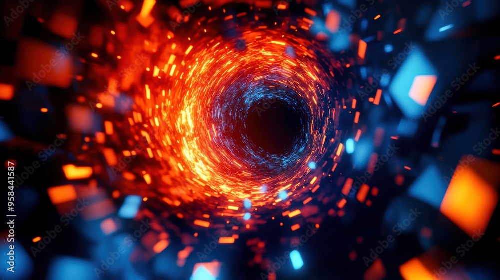 Fototapeta premium Complex vortex of 3D polygons, swirling into a portal to digital dimensions, dynamic colors and sharp forms conveying the futuristic gateway