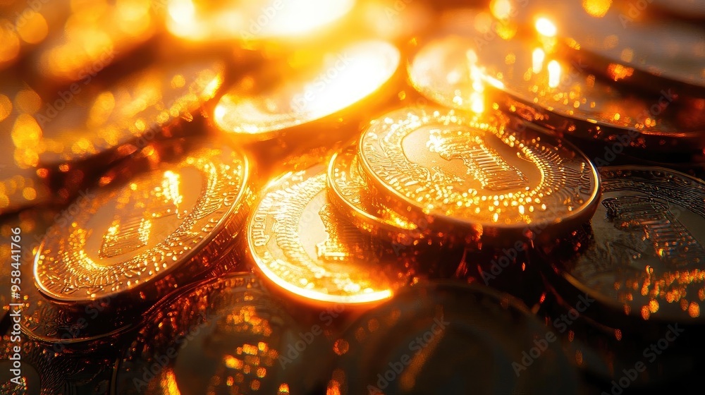 A close-up view of shiny gold coins illuminated by soft light, creating a warm, luxurious atmosphere, perfect for financial themes. A close-up view of shiny gold coins illuminated by soft light, creating a warm, luxurious atmosphere, perfect for financial themes.