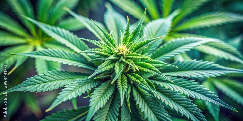 Close-up of a healthy cannabis plant with textured leaves and buds, cannabis, plant, marijuana, medicinal, herb, green