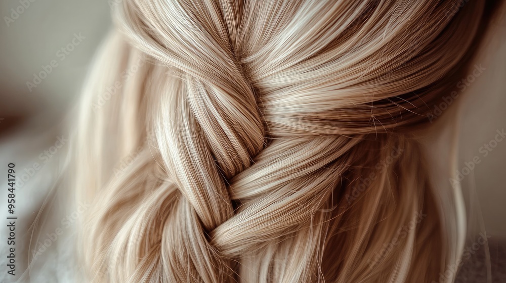 A close-up of a stylish fishtail braid on long, blonde hair A close-up of a stylish fishtail braid on long, blonde hair