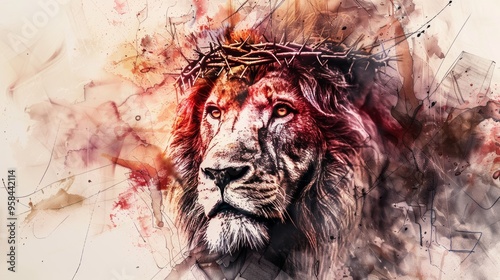 Lion with a crown of thorns, Jesus, Lion, watercolor hand drawn illustration
