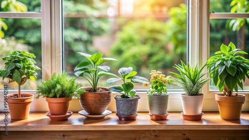 Window sill filled with variety of potted plants , Greenery, gardening, urban gardening, planters