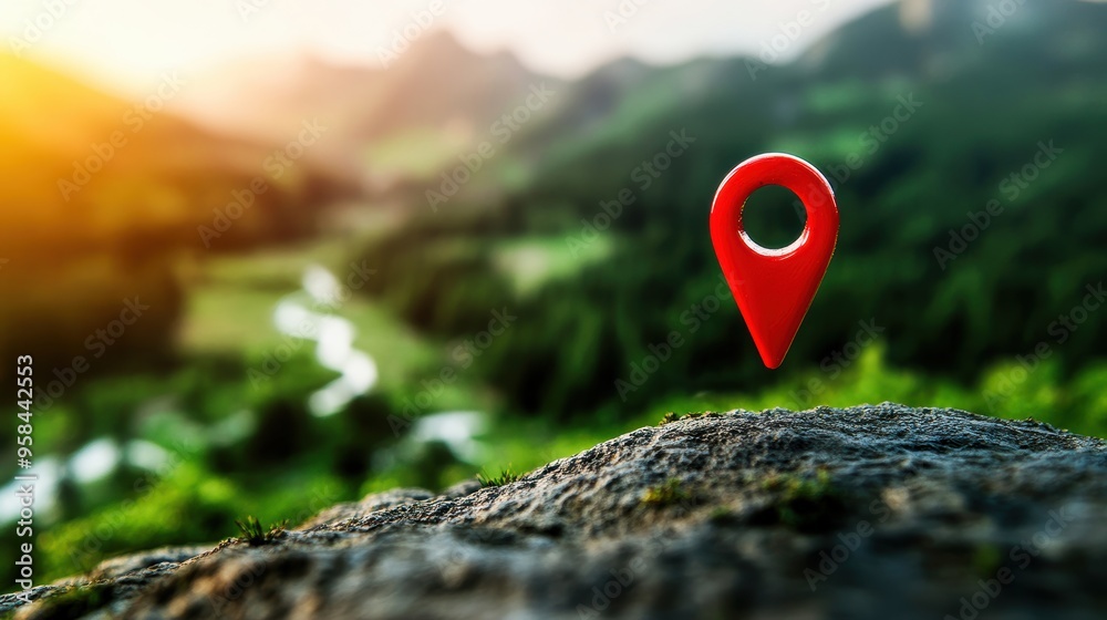 Vibrant map marker prominently placed on a physical map, highlighting a travel destination, with visible terrain features like forests and rivers Vibrant map marker prominently placed on a physical map, highlighting a travel destination, with visible terrain features like forests and rivers