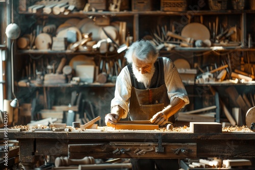 A skilled craftsman works diligently in his woodshop, surrounded by tools and unfinished projects. The warm light highlights his dedication to his craft.