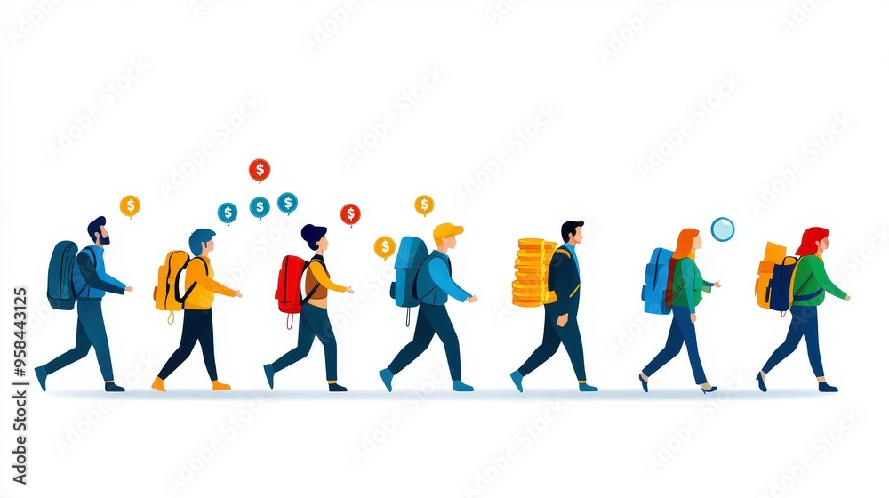 Tour guide leading a group with money symbols following the tour Tour guide leading a group with money symbols following the tour