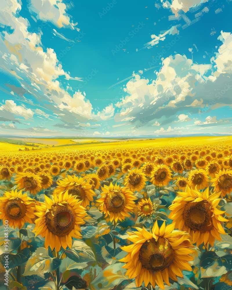 Obraz premium A vast field of sunflowers stretches under a bright blue sky, with fluffy white clouds.