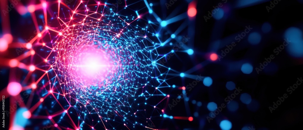 Obraz premium Twisting vortex of dynamic 3D polygons, forming a gateway to digital dimensions, glowing edges and geometric patterns drawing the viewer into a digital world