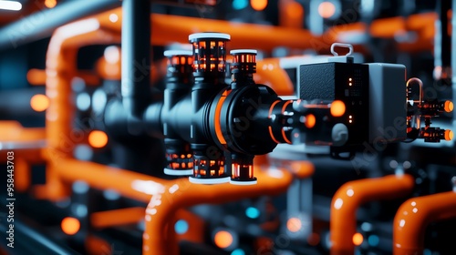 Close-up of industrial machinery featuring black valve and vibrant orange pipes, showcasing advanced engineering and technology. photo