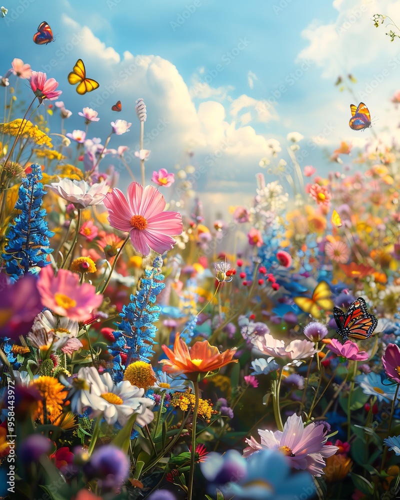 A vibrant field of wildflowers in bloom, with butterflies fluttering amidst the colorful blossoms under a bright blue sky. A vibrant field of wildflowers in bloom, with butterflies fluttering amidst the colorful blossoms under a bright blue sky.