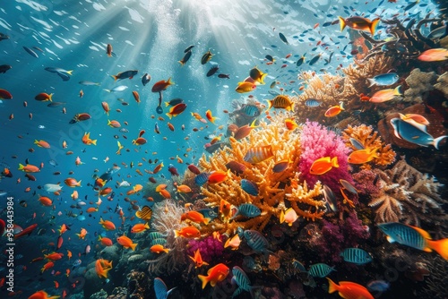 Colorful Underwater Coral Reef with Tropical Fish and Sun Rays