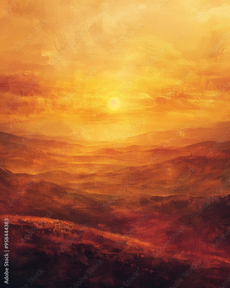 A vibrant sunset over rolling hills, casting a warm glow across the landscape.