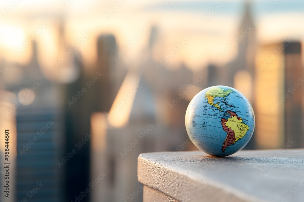 Tiny Earth globe sitting on the edge of an urban rooftop, overlooking the city skyline at sunrise Tiny Earth globe sitting on the edge of an urban rooftop, overlooking the city skyline at sunrise