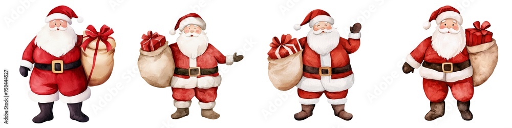 Charming collection of Santa Claus illustrations with gifts, perfect for Christmas designs and festive decorations. Charming collection of Santa Claus illustrations with gifts, perfect for Christmas designs and festive decorations.