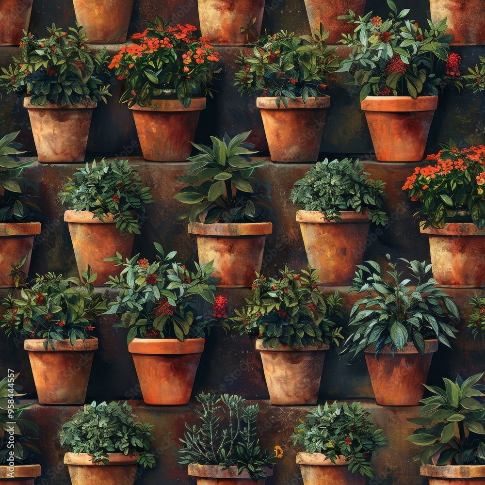 A wall of terracotta pots filled with lush green plants, creating a vibrant and textured backdrop. A wall of terracotta pots filled with lush green plants, creating a vibrant and textured backdrop.