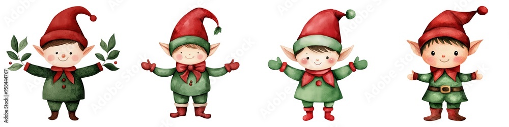 Fototapeta premium A charming illustration of four whimsical elves wearing red hats, perfect for holiday-themed projects and children's crafts.