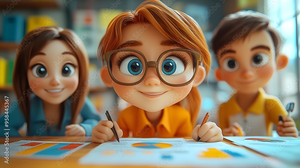 Fototapeta premium 3D cartoon rendering of a sales team creating a business plan with a focus on customer segmentation and market strategies.