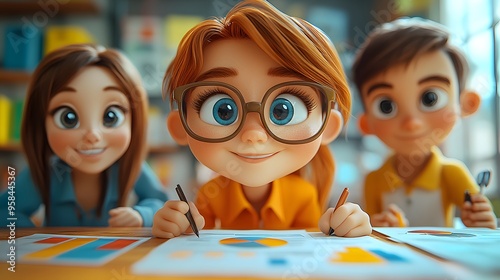 3D cartoon rendering of a sales team creating a business plan with a focus on customer segmentation and market strategies.