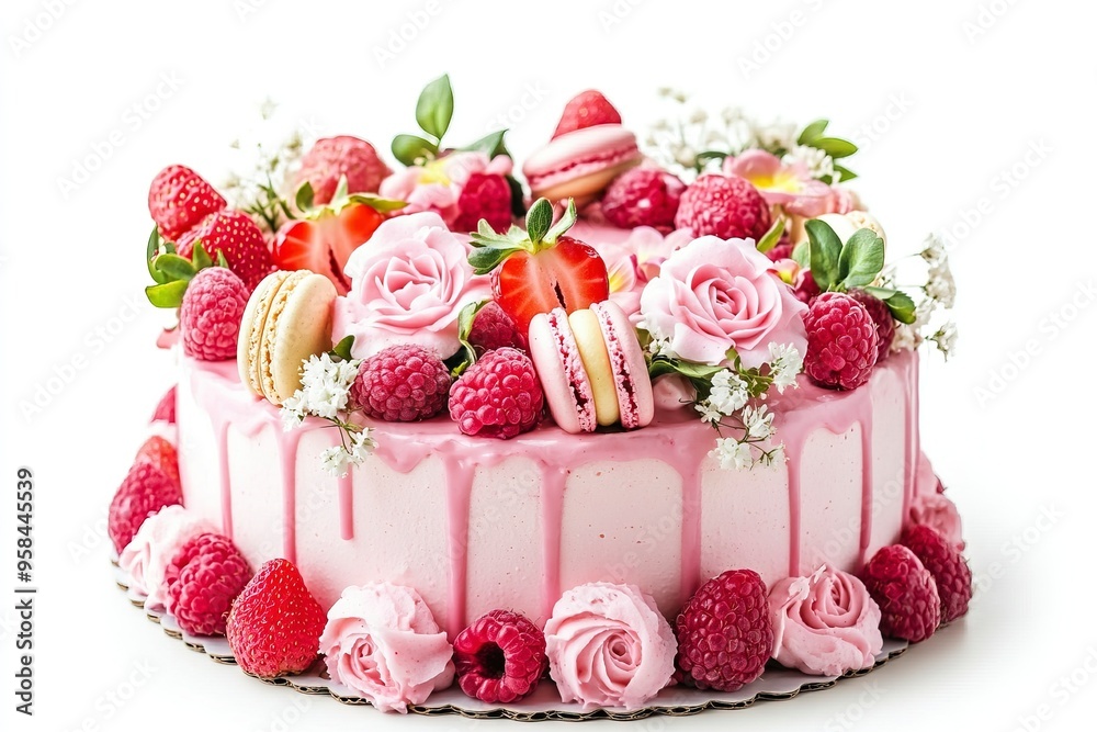 Birthday sweet cake with berries, macaron and floral decor isolated on a white background. Beautiful pink cake decorated with macarons, raspberries, strawberries and sugar rose flowers. Generative Ai Birthday sweet cake with berries, macaron and floral decor isolated on a white background. Beautiful pink cake decorated with macarons, raspberries, strawberries and sugar rose flowers. Generative Ai