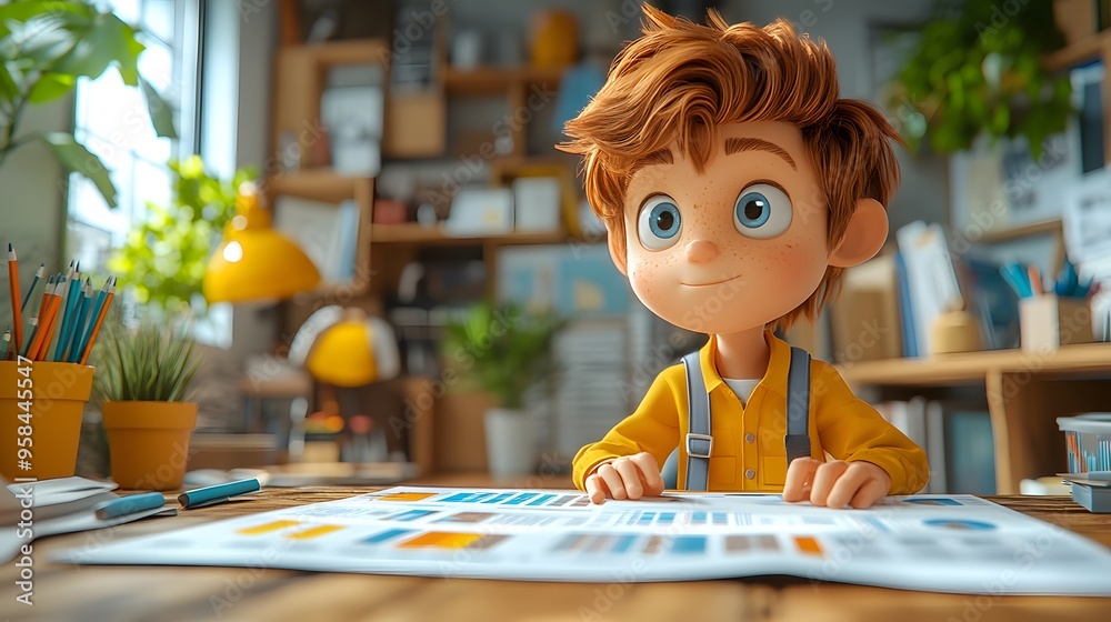Entrepreneur in a 3D cartoon office, carefully reviewing a business plan with charts and graphs outlining current and key goals. Entrepreneur in a 3D cartoon office, carefully reviewing a business plan with charts and graphs outlining current and key goals.