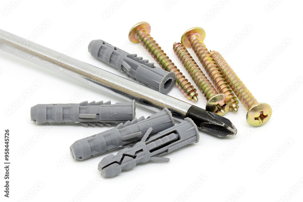 Screwdriver, Screw Gray Anchors and Dowels
