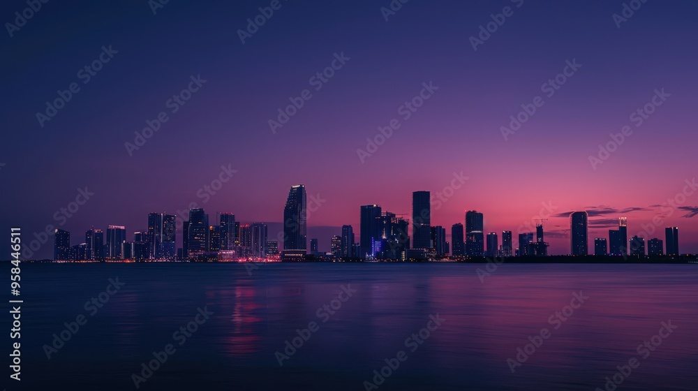 Present the Miami skyline at twilight, with the city lights beginning to twinkle against the darkening sky