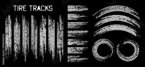 Grunge tire tracks, wheel braking marks. Truck, car or motorcycle tread pattern silhouettes. Auto race, motorsport, speed racing design element. Vector illustration