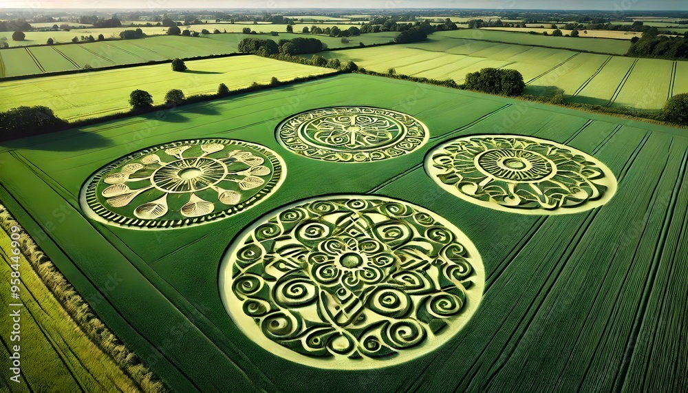 Large green field with four different intricate crop circle patterns, each in its own separate section of the field Large green field with four different intricate crop circle patterns, each in its own separate section of the field