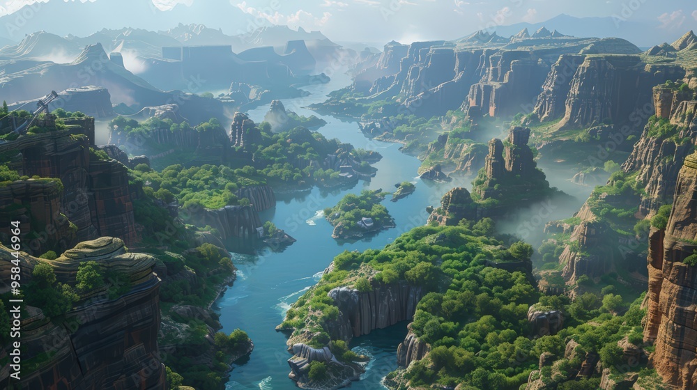 Present the natural wonder of a canyon carved by winding rivers, surrounded by towering cliffs and greenery, in an expansive aerial background Present the natural wonder of a canyon carved by winding rivers, surrounded by towering cliffs and greenery, in an expansive aerial background
