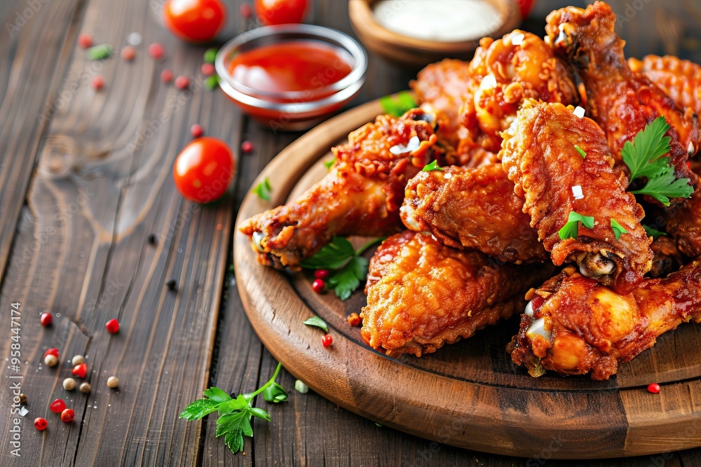 Crispy fried chicken wings on wooden table. Kentucky dinner. Crispy fried chicken wings on wooden table. Kentucky dinner.