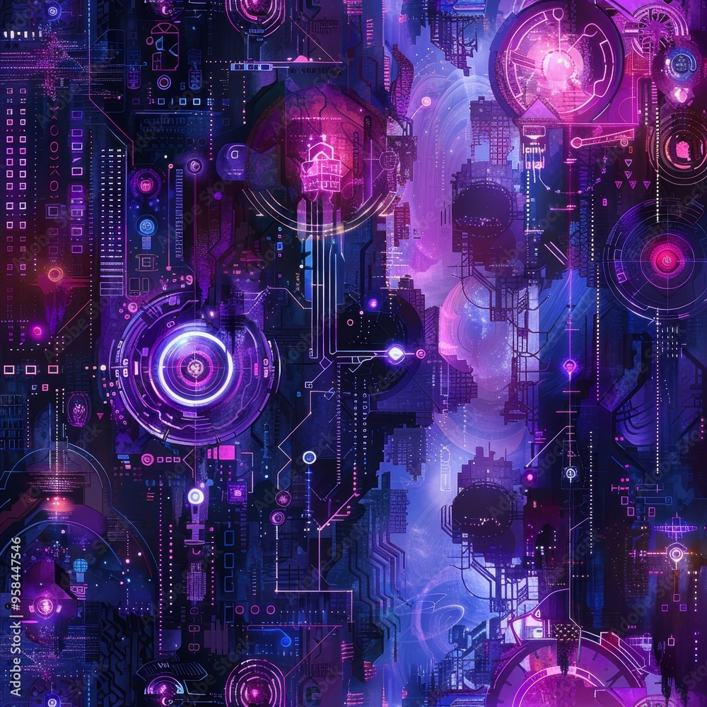 Abstract futuristic cityscape with glowing purple and blue lights. Digital art with intricate details. Abstract futuristic cityscape with glowing purple and blue lights. Digital art with intricate details.