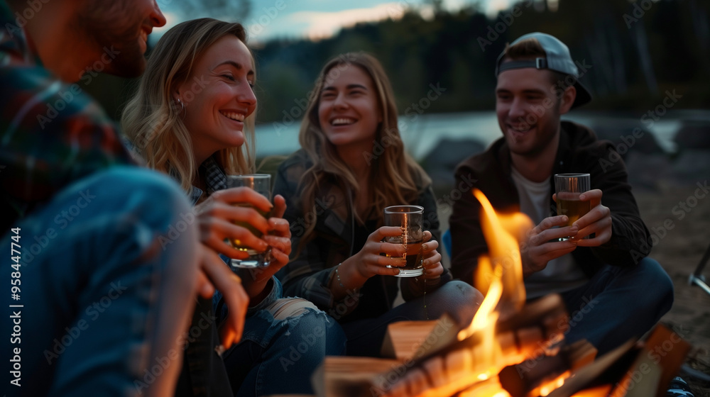 Fototapeta premium Group of Friends Toasting Around Bonfire in the Evening