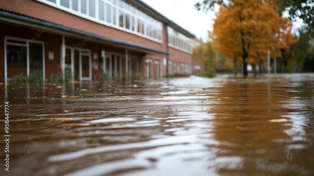 Flooded Autumn Street with Puddles and Reflections in Small Town Flooded Autumn Street with Puddles and Reflections in Small Town