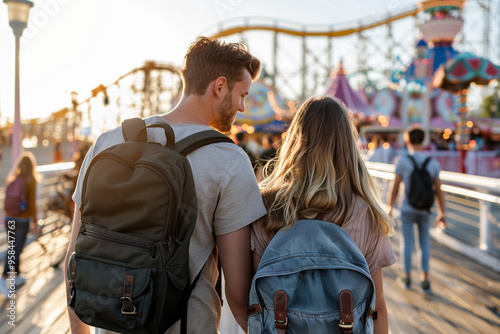 Young Couple Walking in a Beautiful Theme Park