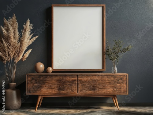 Fototapeta Naklejka Na Ścianę i Meble -  Modern interior design with close up of blank poster frame on  sideboard. Dark gray room with clean wooden furniture and decor. Minimalist home