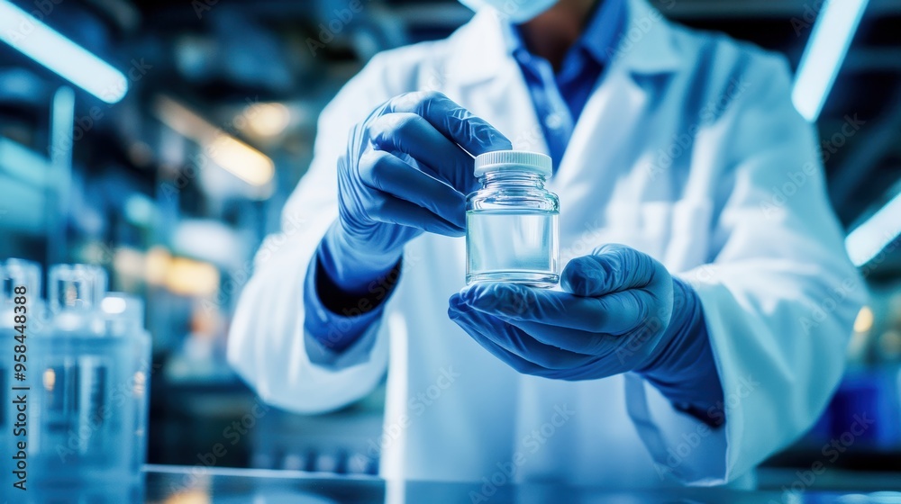 Detailed close-up of a technician wearing a bright lab coat, carefully inspecting a luxury cosmetic bottle, highlighting the importance of quality assurance Detailed close-up of a technician wearing a bright lab coat, carefully inspecting a luxury cosmetic bottle, highlighting the importance of quality assurance