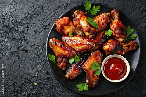 Spicy chicken wings on black plate with ketchup  top view photo